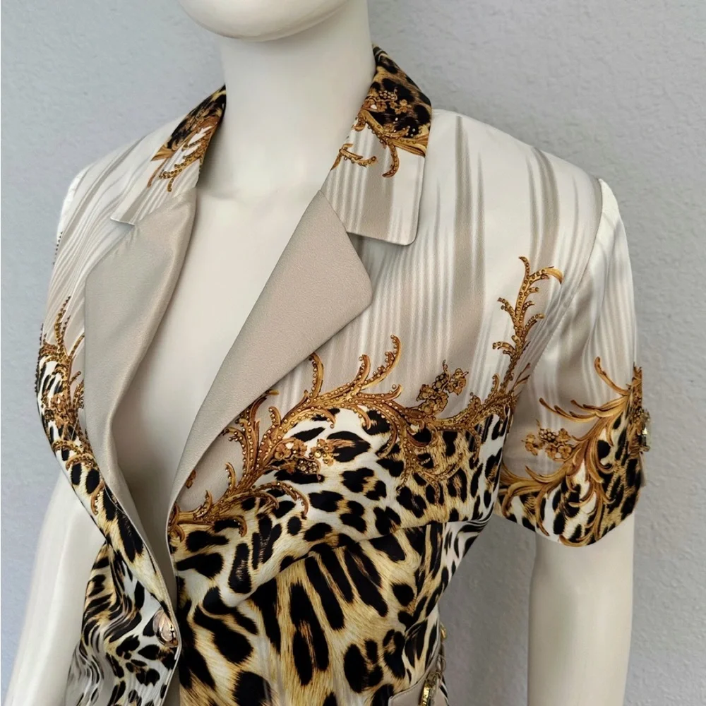 POLEN POE‎ SATIN SKIRT SUIT SET JACKET/SKIRT ANIMAL PRINT SHORT SLEEVES FORMAL